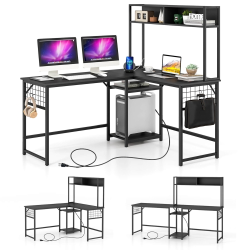 Costway L-shaped Desk with Power Outlet Large Corner Desk Converts to 2-Person Long Desk