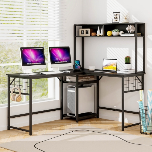 Costway L-shaped Desk with Power Outlet Large Corner Desk Converts to 2-Person Long Desk