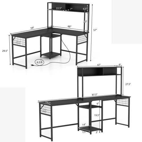 Costway L-shaped Desk with Power Outlet Large Corner Desk Converts to 2-Person Long Desk