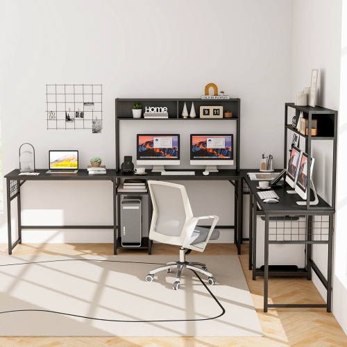 Costway L-shaped Desk with Power Outlet Large Corner Desk Converts to 2-Person Long Desk