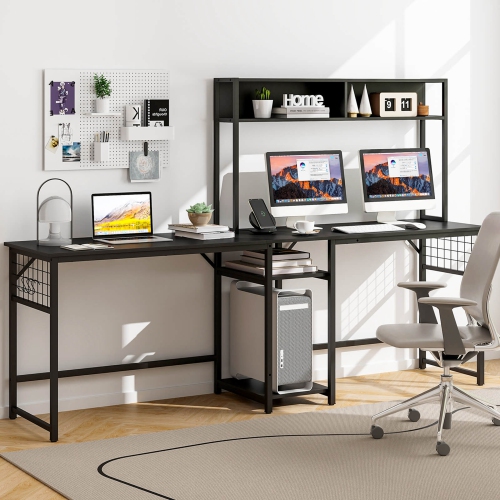 Costway L-shaped Desk with Power Outlet Large Corner Desk Converts to 2-Person Long Desk