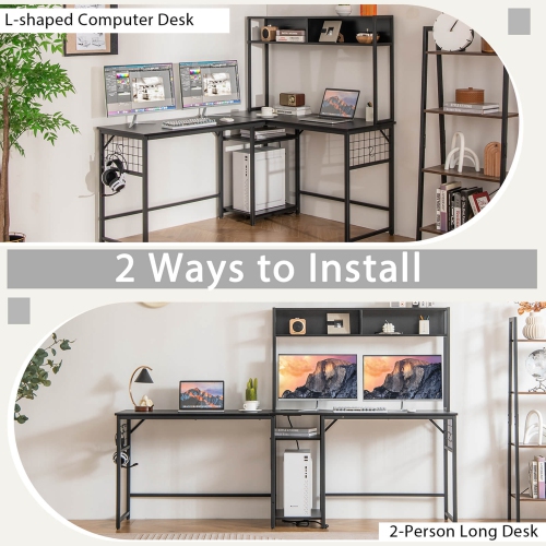 Costway L-shaped Desk with Power Outlet Large Corner Desk Converts to 2-Person Long Desk