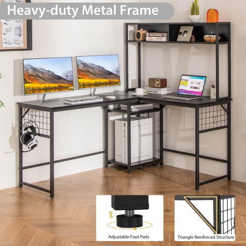 Costway L-shaped Desk with Power Outlet Large Corner Desk Converts to 2-Person Long Desk