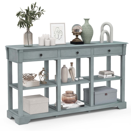 Costway 58" Long Sofa Table with Storage Retro Console Table with 3 Drawers & Open Shelves