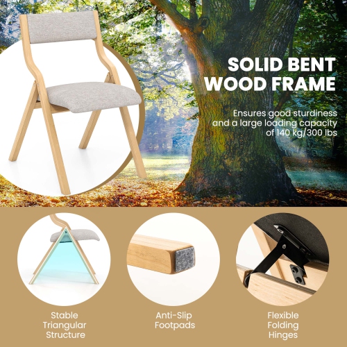 Costway Folding Dining Chair Set of 2 Wooden Upholstered Modern Linen Fabric Padded Seat