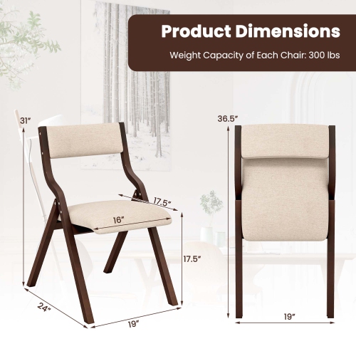 Costway Folding Dining Chair Set of 2 Wooden Upholstered Modern Linen Fabric Padded Seat