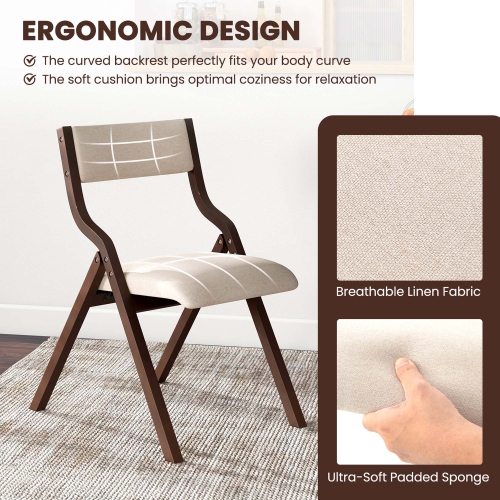 Costway Folding Dining Chair Set of 2 Wooden Upholstered Modern Linen Fabric Padded Seat