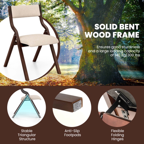 Costway Folding Dining Chair Set of 2 Wooden Upholstered Modern Linen Fabric Padded Seat