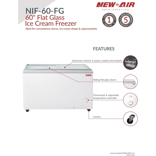New Air Commercial 60″ 16.1 Cu. Ft. Flat Glass Ice Cream Freezer - White/Grey