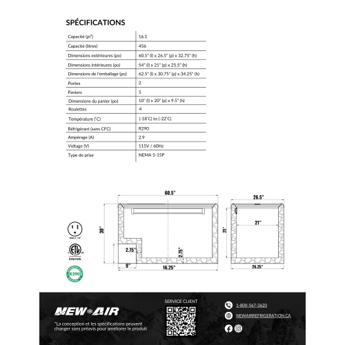 New Air Commercial 60″ 16.1 Cu. Ft. Flat Glass Ice Cream Freezer - White/Grey