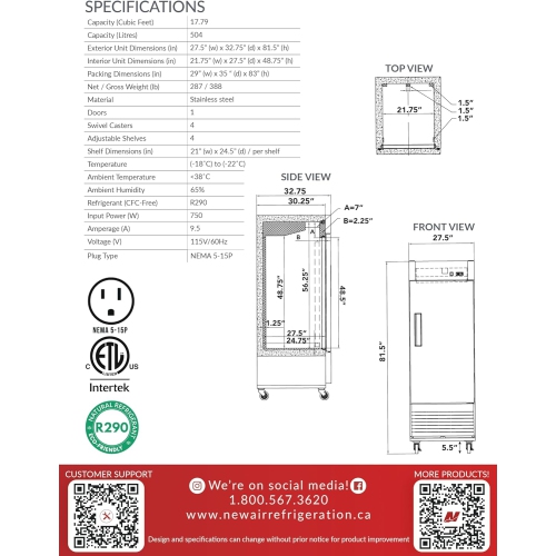New Air Commercial 27″ 17.5 Cu. Ft. Single Door FREEZER - Stainless Steel
