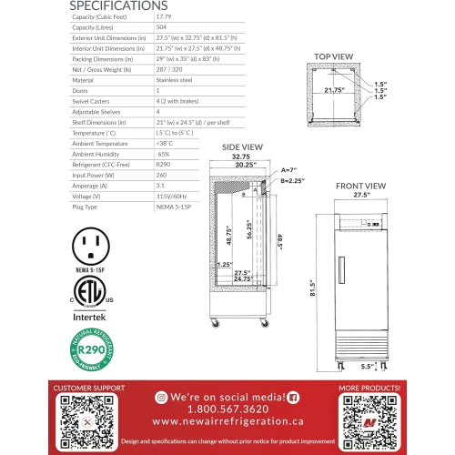 New Air Commercial 27″ 21 Cu. Ft. Single Door REFRIGERATOR - Stainless Steel