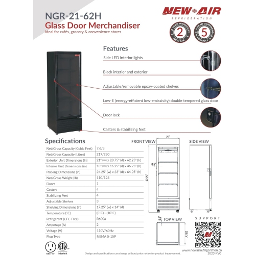 New Air Commercial 21″ 7.6 Cu. Ft. Glass Door Merchandiser REFRIGERATOR - All Black
