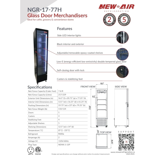 réfrigérateur commercial de 17 po et 7,6 pi3 de New Air avec porte en verre - Entièrement noir