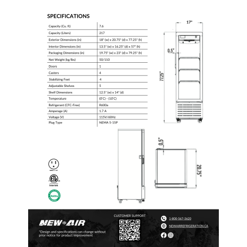 réfrigérateur commercial de 17 po et 7,6 pi3 de New Air avec porte en verre - Entièrement noir