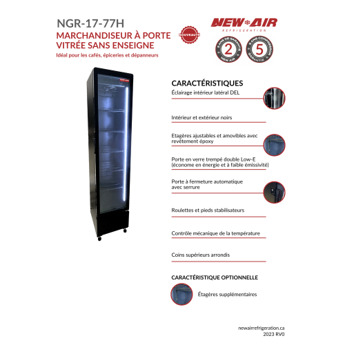 réfrigérateur commercial de 17 po et 7,6 pi3 de New Air avec porte en verre - Entièrement noir