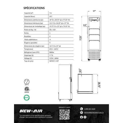 réfrigérateur commercial de 17 po et 7,6 pi3 de New Air avec porte en verre - Entièrement noir