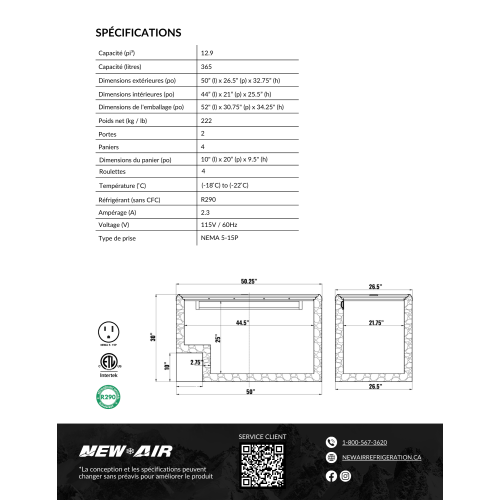 Nouveau Air commercial 50" 12,9 CU. avec Congélateur à crème glacée en verre plat - Blanc/Gris