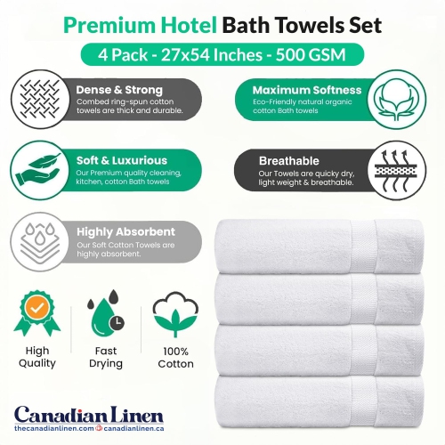 Ensemble de 4 serviettes de bain blanches en lin canadien Cambridge Economy, 27 x x54 po, anneaux doux absorbants, serviettes en coton filé, pour