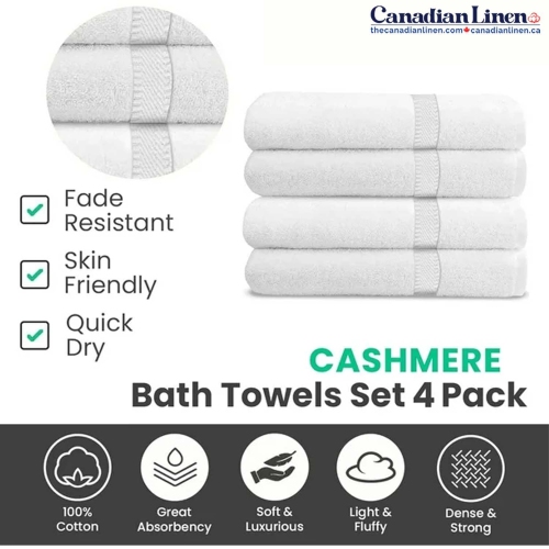 Canadian Linen Cashmere Economy 4 Pack White Bath Towels Set 27"x54" Lightweight Soft Absorbent Ring Spun Cotton Towels for Bathroom Motel Gym Spa