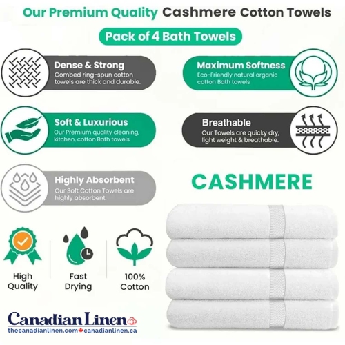 Canadian Linen Cashmere Economy 4 Pack White Bath Towels Set 27"x54" Lightweight Soft Absorbent Ring Spun Cotton Towels for Bathroom Motel Gym Spa