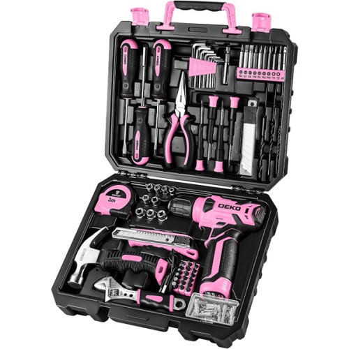 Image 1 de 5.. DEKOPRO – perceuse sans fil 8&nbsp;V rose 9,19&nbsp;cm, 31,5 x 25,81, comprise avec trousse d’outils, noir et rose