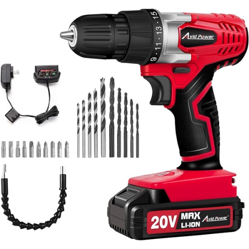 AVID POWER ‎22 x 8 x 24.51 cm 20V MAX Electric Battery Power Drill Driver Set with Battery and Charger Red