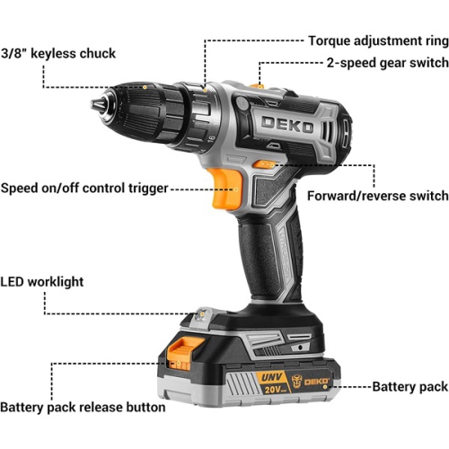 DEKOPRO ‎5 x 5 x 3 cm Tool Drills Cordless Electric Power Drill Set with Battery and Charger Black