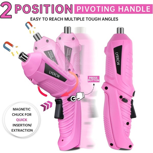 Lyercw ‎24 x 20 x 7 cm Battery Operated Cordless Screwdriver Set with Charger and Rechargeable Batteries Pink