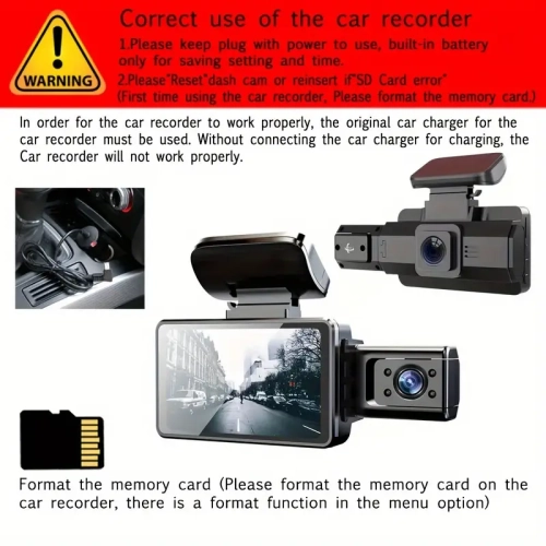 1080p Dual Lens Dash Cam with Night Vision, Wide Angle, Loop Recording & 3-Inch HD LCD Display