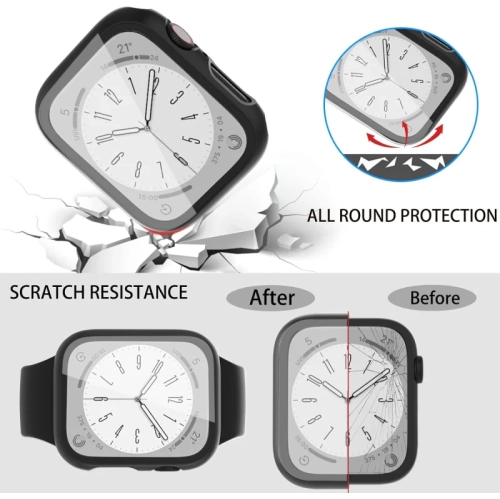 2 Pack Case for Apple Watch Series 9/7/8 45mm with 9H Tempered Glass Screen Protector - Ultra-Thin PC Bumper, Black