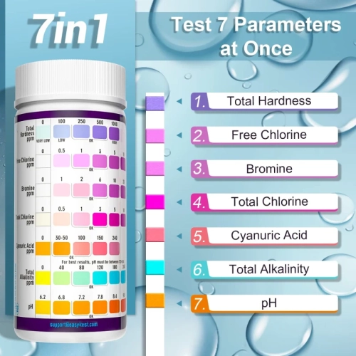 7 Way Pool & Spa Test Strips - 150 Strips for Accurate Water Testing: pH, Bromine, Total Alkalinity, Free Chlorine, Total Chlorine, Total Hardness,