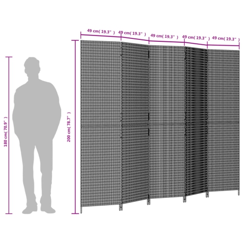 vidaXL Room Divider 5 Panels Grey Poly Rattan