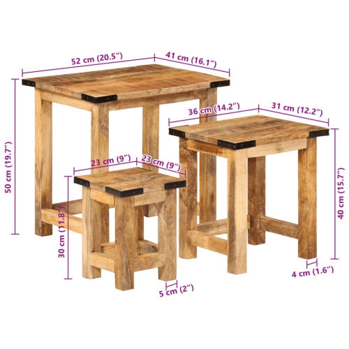 Tables d'appoint gigognes vidaXL 3 pièces en bois massif rugueux Mangue
