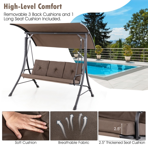 CoCostway – cadre en acier, 3 sièges, balancelle à auvent réglable, coussins rembourrés