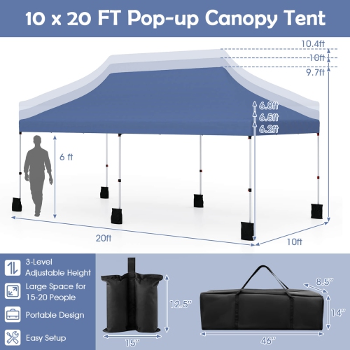 Costway 10 x 20 FT Pop-up Canopy UPF50+ Sun Protection Tent with Carrying Bag