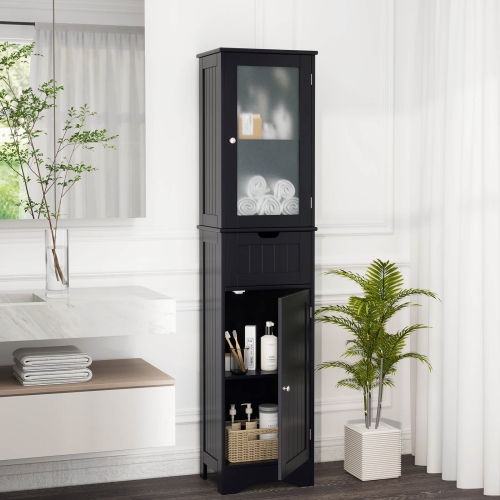 Costway Bathroom Tall Cabinet Freestanding Linen Tower with Doors & Drawer