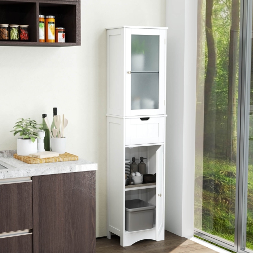 Costway Bathroom Tall Cabinet Freestanding Linen Tower with Doors & Drawer