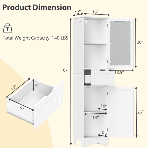 Costway Bathroom Tall Cabinet Freestanding Linen Tower with Doors & Drawer