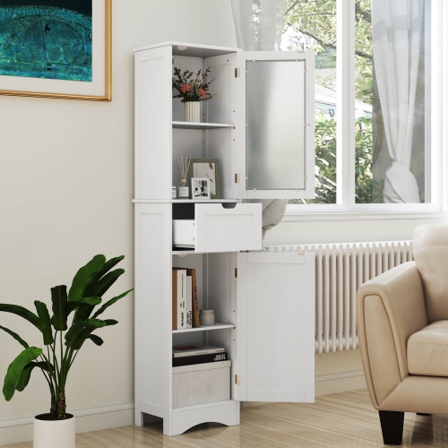 Costway Bathroom Tall Cabinet Freestanding Linen Tower with Doors & Drawer