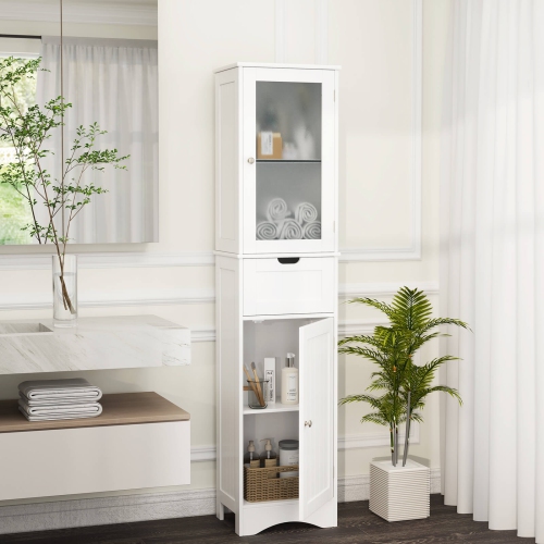 Costway Bathroom Tall Cabinet Freestanding Linen Tower with Doors & Drawer