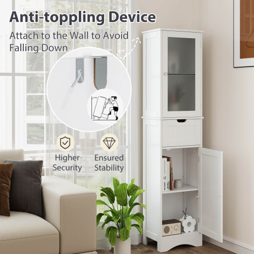 Costway Bathroom Tall Cabinet Freestanding Linen Tower with Doors & Drawer