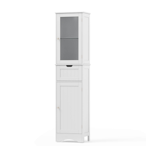 Costway Bathroom Tall Cabinet Freestanding Linen Tower with Doors & Drawer