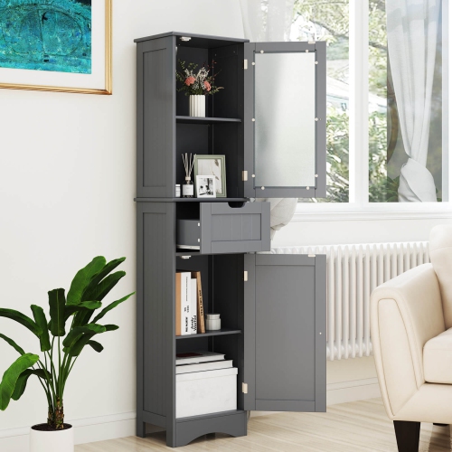 Costway Bathroom Tall Cabinet Freestanding Linen Tower with Doors & Drawer