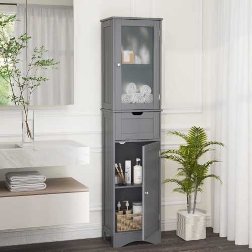 Costway Bathroom Tall Cabinet Freestanding Linen Tower with Doors & Drawer