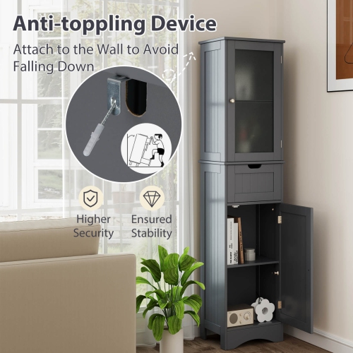 Costway Bathroom Tall Cabinet Freestanding Linen Tower with Doors & Drawer