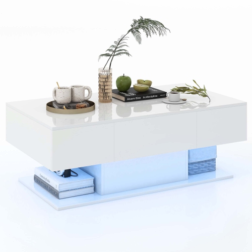 Costway LED Coffee Table with 2 Drawers 20-Color Dimmable LED Lights & Remote Control