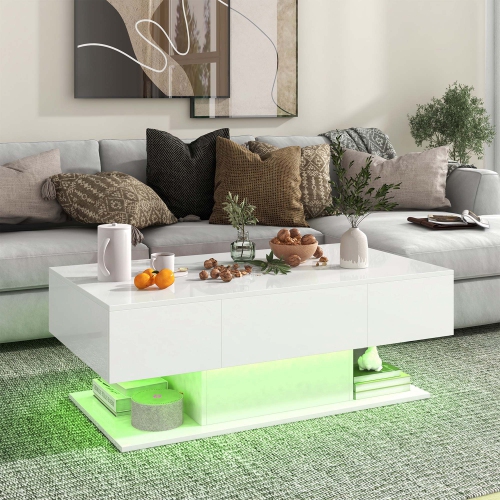 Costway LED Coffee Table with 2 Drawers 20-Color Dimmable LED Lights & Remote Control