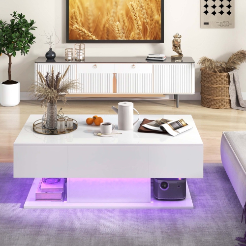 Costway LED Coffee Table with 2 Drawers 20-Color Dimmable LED Lights & Remote Control