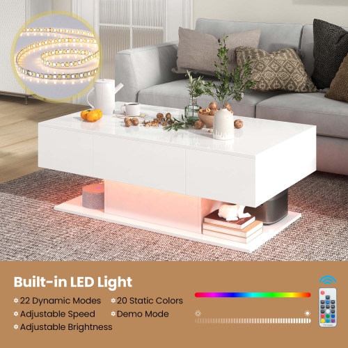 Costway LED Coffee Table with 2 Drawers 20-Color Dimmable LED Lights & Remote Control